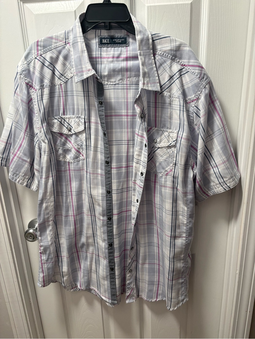 BKE White Plaid Short-Sleeve Button Down with Pink & Gray Stripes